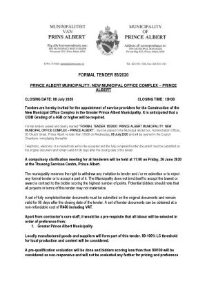 TENDER ADVERT - 85_2020 (NEW MUNICIPAL OFFICE COMPLEX IN GREATER PRINCE ALBERT MUNICIPALITY).pdf