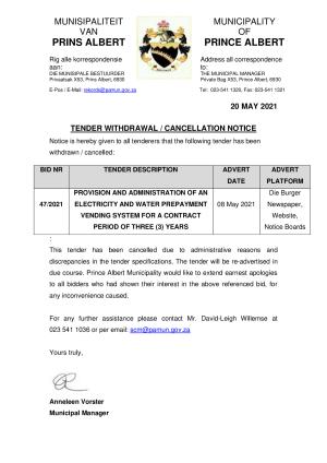 Withdrawal of TENDER 47-2020 (Prince Albert Municipality).pdf