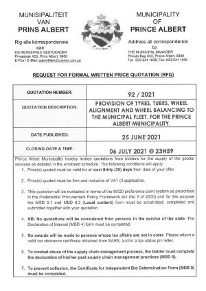 RFQ 92 of 2021 - Provision of Tyres, Tubes, Wheel alignment and balancing (RFQ DOCUMENT).pdf