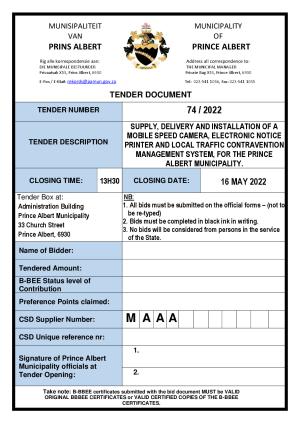 Prince Albert Mun - Tender Document - Tender 74-2022 Traffic camera, printer & TCMS.pdf
