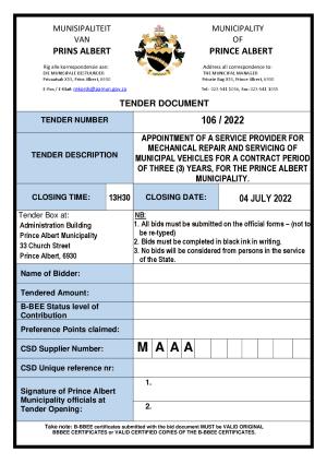 Prince Albert Mun - TENDER DOCUMENT - Tender 106-2022 Service provider for municipal vehicle repairs.pdf