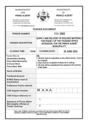Prince Albert Mun - TENDER DOCUMENT - Tender 113-2022 Building Materials (Thusong Phase 2 Ext).pdf