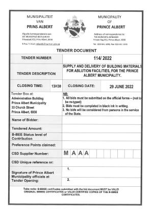 Prince Albert Mun - TENDER DOCUMENT - Tender 114-2022 Building Materials (Ablution Facilities).pdf