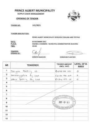 Prince Albert Mun - Opening Results (Tender 141 of 2021 - Borehole Drilling and Testing).pdf
