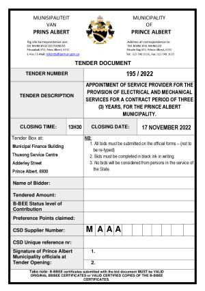 Prince Albert Mun - TENDER DOCUMENT - Tender 195_2022 (Electrical & Mechanical Services).pdf