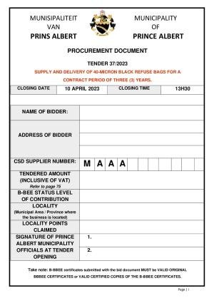 Prince Albert Mun - TENDER DOCUMENT - Tender 37 of 2023 (40-micron Refuse Bags).pdf