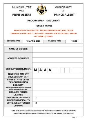 Prince Albert Mun - TENDER DOCUMENT (Tender 40 of 2023 - Laboratory Testing Services).pdf
