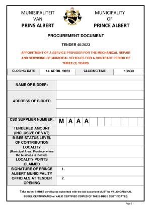 Prince Albert Mun - TENDER DOCUMENT - Tender 42 of 2023 (Servicing of vehicles).pdf