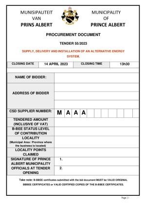 Prince Albert Mun - TENDER DOCUMENT - Tender 55 of 2023 (Alternative Energy System).pdf