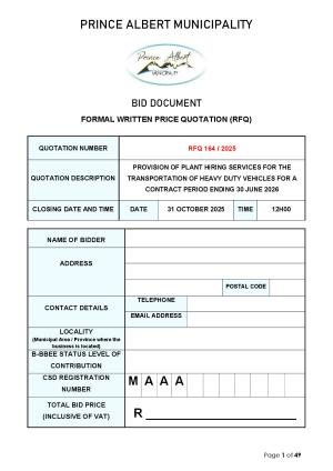 RFQ 164 OF 2025 - PROVISION OF PLANT HIRING SERVICES FOR THE TRANSPORTATION OF HEAVY DUTY VEHICLES FOR A CONTRACT PERIOD ENDING 30 JUNE 2026