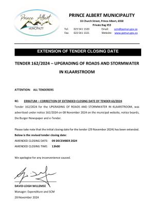 EXTENSION OF CLOSING DATE - Tender 162_2024