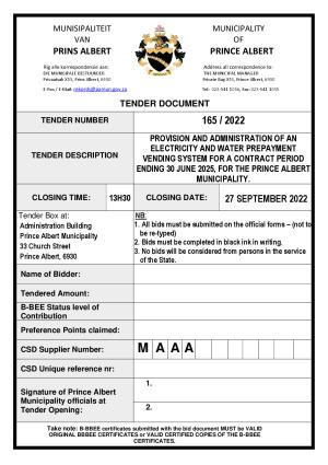 Prince Albert Mun - TENDER DOCUMENT - Tender 165-2022 W&E Vending System