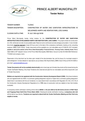 Prince Albert Mun - TENDER NOTICE CIDB NOTICE - TD74_2024