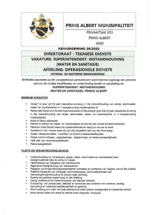 Kennisgewing 26-2022 - Vakature Superintendent Instandhouding Prince Albert.pdf