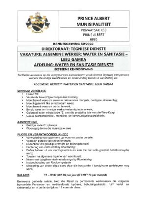 Kennisgewing 50-2022 - Algemene Werker - Water en Sanitasie.pdf