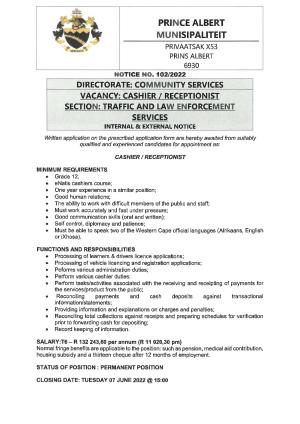 Kennisgewing 102 - 2022 - Cashier Receptionist - 24 Mei 2022.pdf