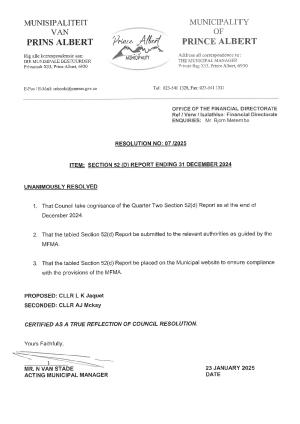 Council Resolution 07 of 2025 Approval Section 52 Report ending 31 December 2024.