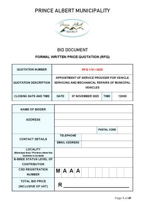 APPOINTMENT OF SERVICE PROVIDER FOR VEHICLE SERVICING AND MECHANICAL REPAIRS OF MUNICIPAL VEHICLES