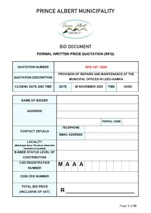 RFQ 187/2025 - PROVISION OF REPAIRS AND MAINTENANCE AT THE MUNICIPAL OFFICES IN LEEU-GAMKA