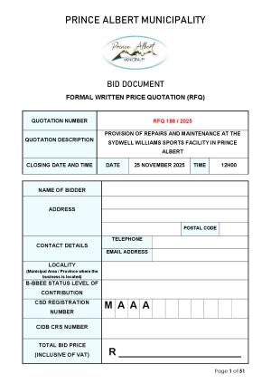RFQ 188/2025 - PROVISION OF REPAIRS AND MAINTENANCE AT THE SYDWELL WILLIAMS SPORTS FACILITY IN PRINCE ALBERT