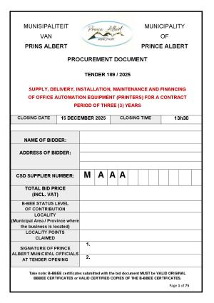 TENDER 189/2025 - SUPPLY, DELIVERY,INSTALLATION, MAINTENANCE AND FINANCING OF OFFICE AUTOMATION EQUIPMENT (PRINTERS) FOR THE CONTRACT PERIOD OF THREE(3) YEARS