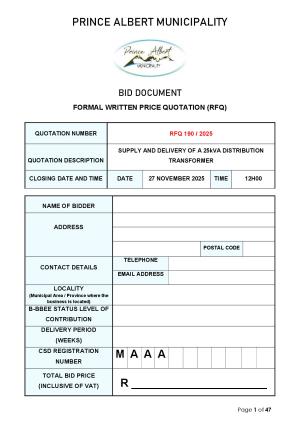 RFQ 190/2025 - SUPPLY AND DELIVERY OF A 25kVA DISTRIBUTION TRANSFORMER