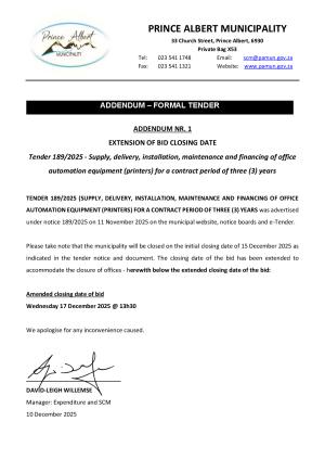 TENDER 189/2025 - SUPPLY, DELIVERY,INSTALLATION, MAINTENANCE AND FINANCING OF OFFICE AUTOMATION EQUIPMENT (PRINTERS) FOR THE CONTRACT PERIOD OF THREE(3) YEARS