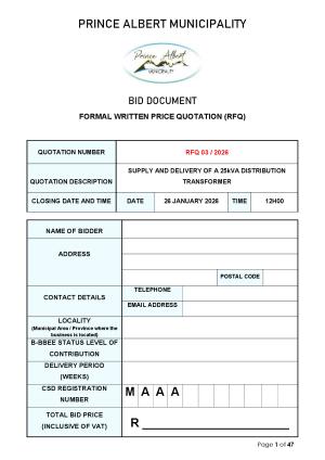 RFQ 03/2026 - SUPPLY AND DELIVERY OF 25kVA DISTRIBUTION TRANSFORMER