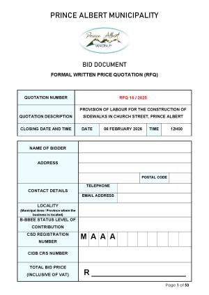 RFQ 16/2026 - PROVISION OF LABOUR FOR THE CONSTRUCTION OF SIDEWALKS IN CHURCH STREET, PRINCE ALBERT