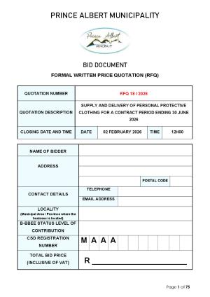 RFQ 18/2026 - SUPPLY AND DELIVERY OF PERSONAL PROTECTIVE CLOTHING FOR A CONTRACT PERIOD ENDING 30 JUNE 2026
