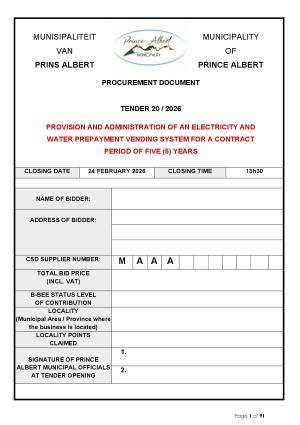 TENDER 20/2026 - PROVISION AND ADMINISTRATION OF AN ELECTRICITY AND WATER PREPAYMENT VENDING SYSTEM FOR A CONTRACT PERIOD OF FIVE (5) YEARS 