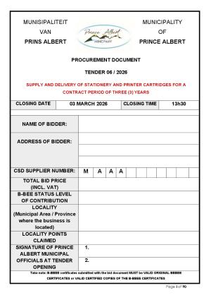 TENDER 06/2026 - SUPPLY AND DELIVERY OF STATIONERY AND PRINTER CARTRIDGES FOR A CONTRACT PERIOD OF THREE (3) YEARS