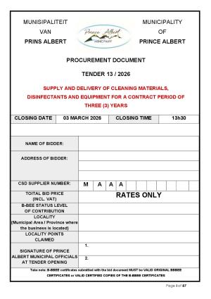 TENDER 13/2026 - SUPPLY AND DELIVERY OF CLEANING MATERIALS AND EQUIPMENT FOR A CONTRACT PERIOD OF THREE (3) YEARS