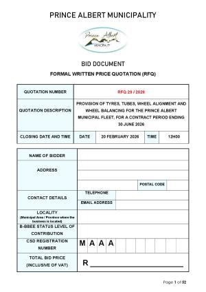 RFQ 29/2026 - PROVISION OF TYRES, TUBES, WHEEL ALIGNMENT AND WHEEL BALANCING FOR THE PRINCE ALBERT MUNICIPAL FLEET, FOR A CONTRACT PERIOD ENDING 30 JUNE 2026