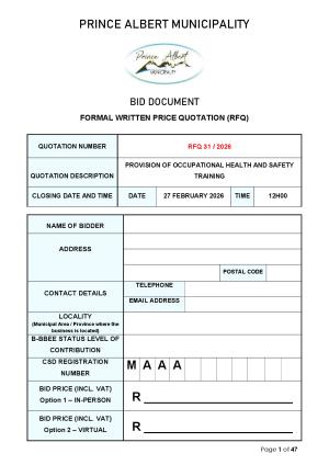 RFQ 31/2026 - PROVISION OF OCCUPATIONAL HEALTH AND SAFETY TRAINING