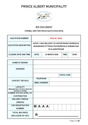 RFQ 46/2026 - SUPPLY AND DELIVERY OF APPURTENANT BOREHOLE HEADWORKS FITTINGS FOR BOREHOLE GZ000401/402 IN KLAARSTROOM