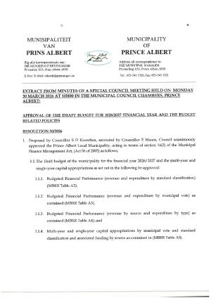 Council Resolution Draft Budget 2026-2027 Financial Year and Budget Related Policies
