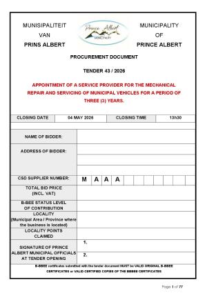 TENDER 43/2026 - APPOINTMENT OF A SERVICE PROVIDER FOR THE MECHANICAL REPAIR AND SERVICING OF MUNICIPAL VEHICLES FOR A PERIOD OF THREE (3) YEARS