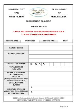 TENDER 44/2026 - SUPPLY AND DELIVERY OF 40-MICRON REFUSE BAGS FOR A CONTRACT PERIOD OF THREE (3) YEARS