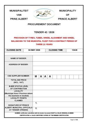 TENDER 42/2026 - PROVISION OF TYRES, TUBES, WHEEL ALIGNMENT AND WHEEL BALANCING TO THE MUNICIPAL FLEET FOR A CONTRACT PERIOD OF THREE (3) YEARS