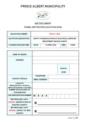 RFQ 53/2026 - SUPPLY OR MODIFICATION OF ELECTRICAL SERVICES DEPARTMENT BAKKIE CANOPY