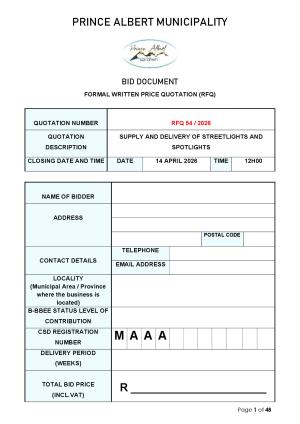 RFQ 54/2026 - SUPPLY AND DELIVERY OF STREETLIGHTS AND SPOTLIGHTS