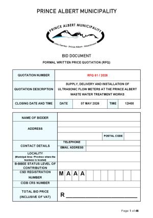 RFQ 61/2026 - SUPPLY, DELIVERY AND INSTALLATION OF ULTRASONIC FLOW METERS AT THE PRINCE ALBERT WASTE WATER TREATMENT WORKS
