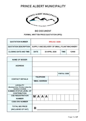 RFQ 62/2026 - SUPPLY AND DELIVERY OF SMALL PLANT MACHINERY