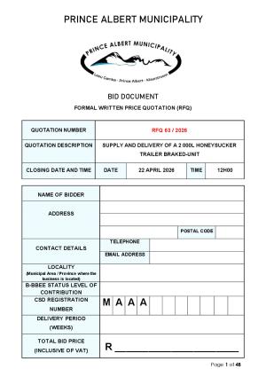 RFQ 63/2026 - SUPPLY AND DELIVERY OF A 2 000L HONEYSUCKER TRAILER BRAKED-UNIT