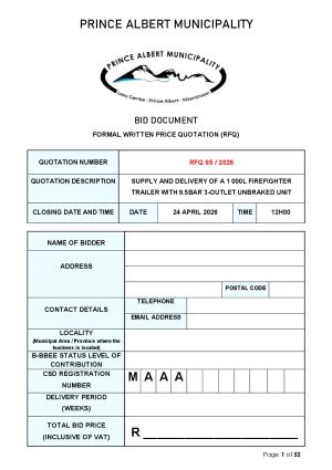 RFQ 65/2026 - SUPPLY AND DELIVERY OF A 1 000L FIREFIGHTER TRAILER WITH 9.5BAR 3-OUTLET UNBRAKED UNIT