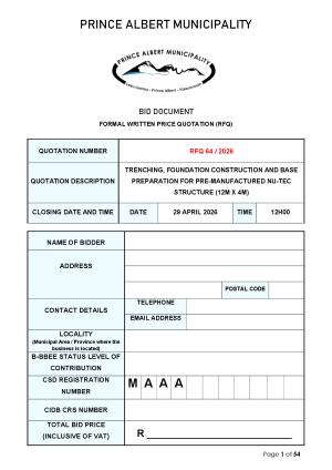 RFQ 64/2026 - TRENCHING, FOUNDATION CONSTRUCTION AND BASE PREPARATION FOR PRE-MANUFACTURED NU-TEC STRUCTURE (12M X 4M)