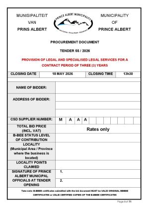 TENDER 55/2026 - PROVISION OF LEGAL AND SPECIALISED LEGAL SERVICES FOR A CONTRACT PERIOD OF THREE (3) YEARS