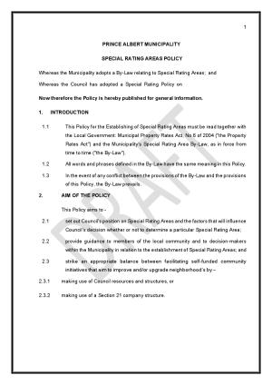 Draft Special Rating Area By-Law and Special Rating Area Policy