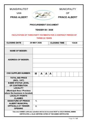 TENDER 58/2026 - FACILITATION OF THIRD-PARTY PAYMENTS FOR A CONTRACT PERIOD OF THREE (3) YEARS